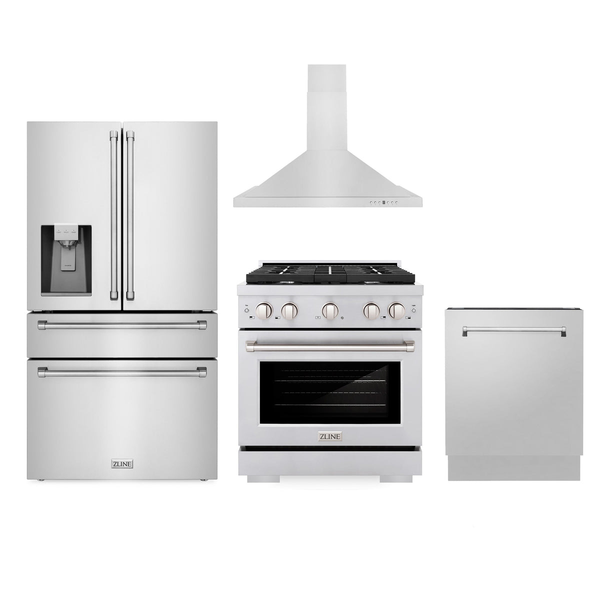 ZLINE Kitchen Package with Water and Ice Dispenser Refrigerator, 30" Gas Range, 30" Range Hood, and 24" Tall Tub Dishwasher (4KPRW-SGRRH30-DWV)