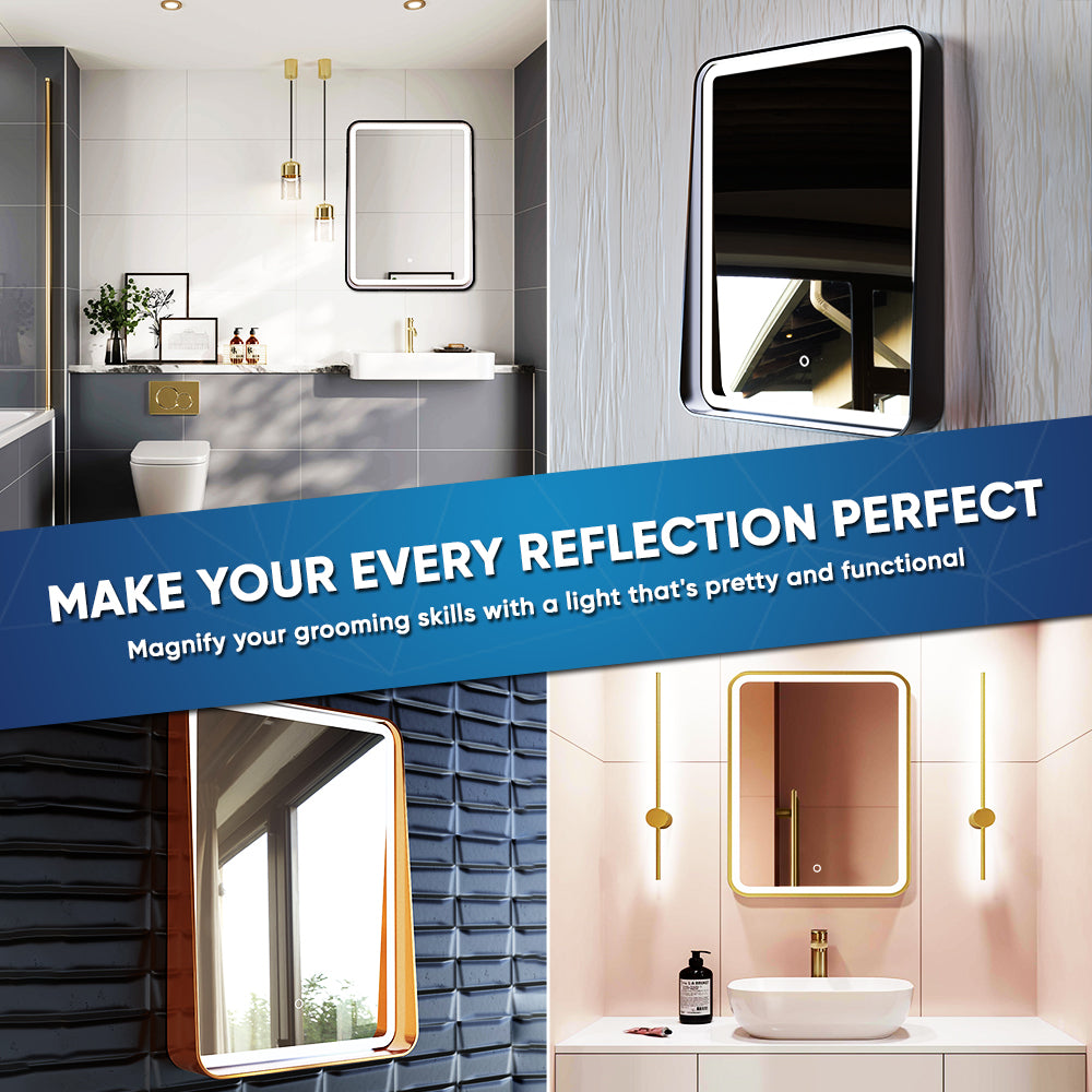 LED Lighted Bathroom Vanity Mirror With Shelf, Wall-Mounted, Touch Switch, Anti-Fog Adjustable Color Temperature & Remembrance, CRI 90+, Lighted Makeup Mirrors, Raven Style