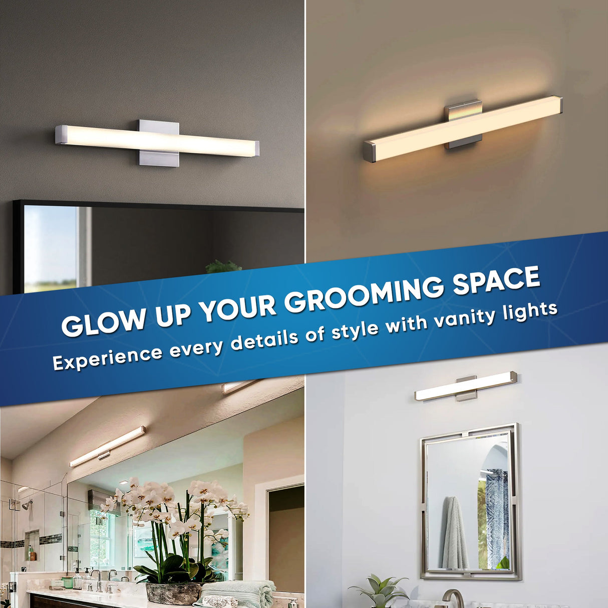 Bathroom Light Fixtures, Wall Mount, 24 inch/36 inch/48 inch, ETL Listed, Dimmable, Waterproof Vanity Lighting, Rectangle Shape