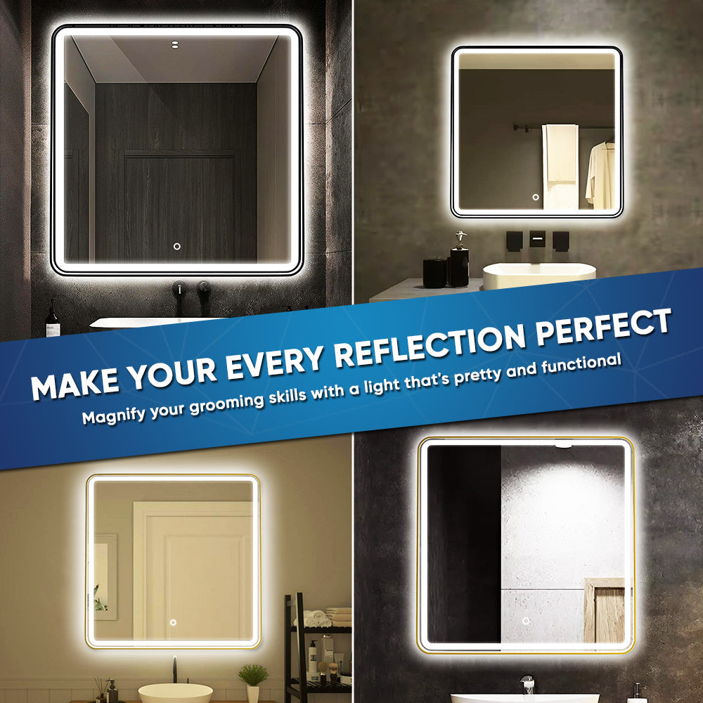 LED Lighted Bathroom Vanity Mirror With Shelf, Wall-Mounted, Touch Switch, Anti-Fog Adjustable Color Temperature & Remembrance, CRI 90+, Lighted Makeup Mirrors, Raven Style