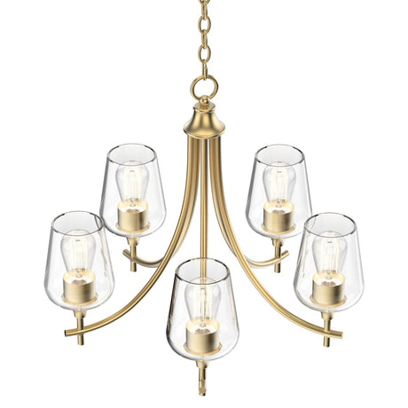 5 - Lights Chandelier Light - Brass Gold Finish with Clear Glass Shades, E26 Socket, UL Listed for Damp Location, 3 Years Warranty - BUILDMYPLACE