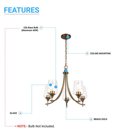 5 - Lights Chandelier Light - Brass Gold Finish with Clear Glass Shades, E26 Socket, UL Listed for Damp Location, 3 Years Warranty - BUILDMYPLACE