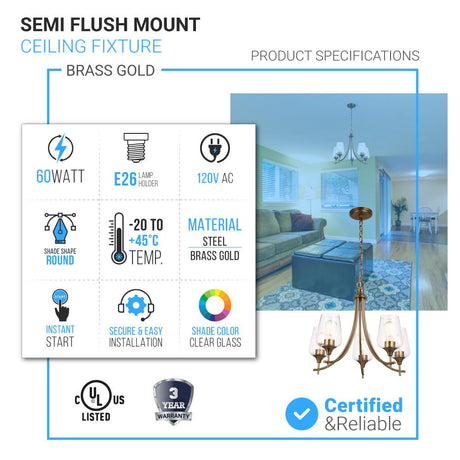 5 - Lights Chandelier Light - Brass Gold Finish with Clear Glass Shades, E26 Socket, UL Listed for Damp Location, 3 Years Warranty - BUILDMYPLACE