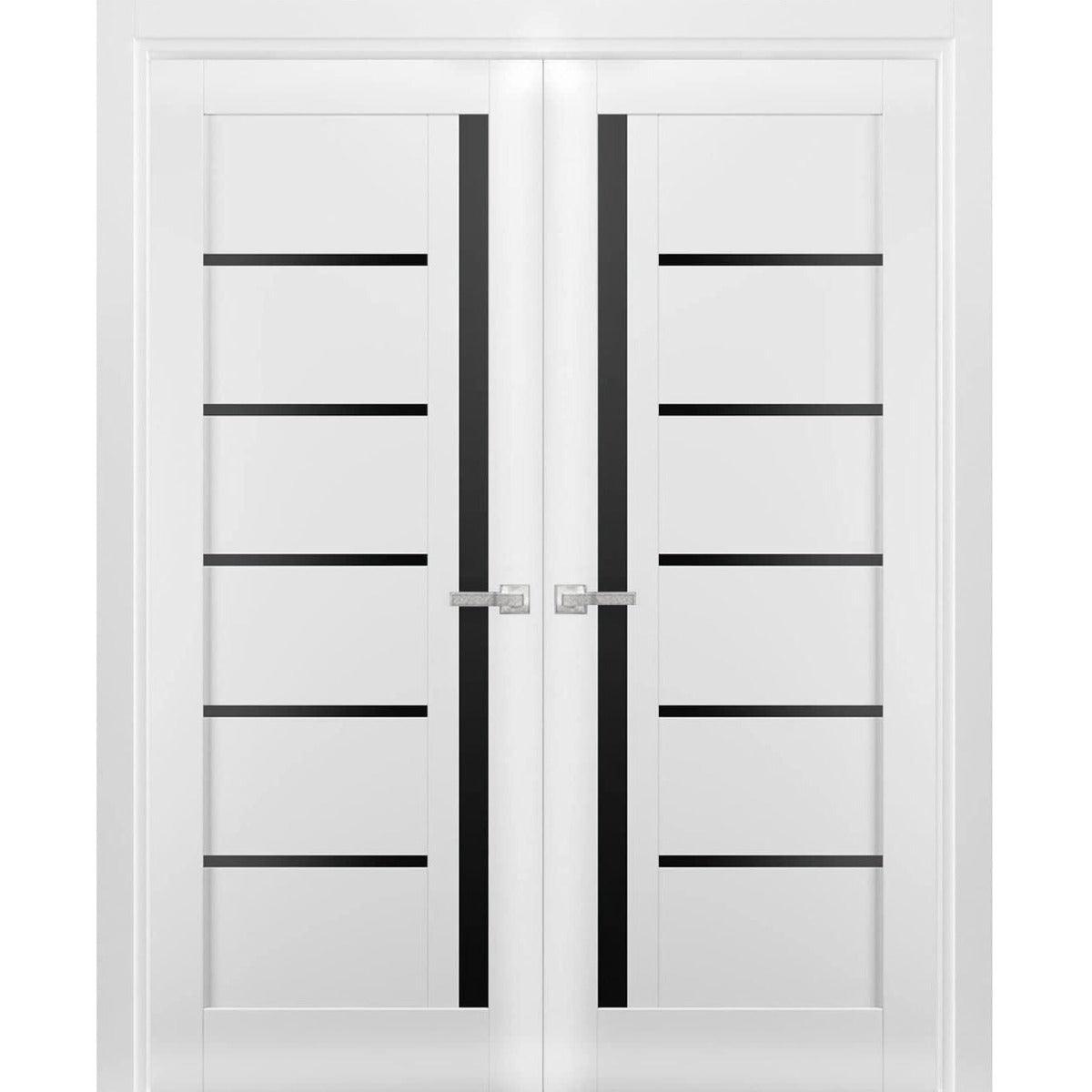 Solid French Double Doors | Quadro 4588 White Silk with Black Glass | Wood Solid Panel Frame Trims | Closet Bedroom Sturdy Doors