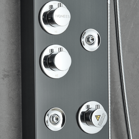 55 in. 6 - Jet Stainless Steel Matte Black Shower Panel System w/ Fixed LED Rainfall & Waterfall Showerhead, Temp Display, Tub Spout & Handheld - BUILDMYPLACE