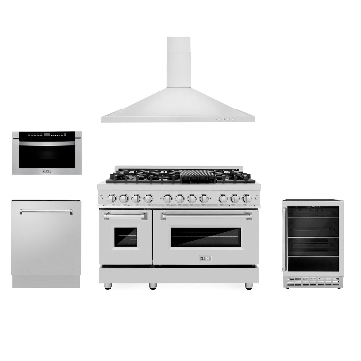 ZLINE 48" Kitchen Package with Stainless Steel Dual Fuel Range, Range Hood, Microwave Drawer, Tall Tub Dishwasher and Beverage Fridge (5KP-RARH48-MWDWV-RBV)