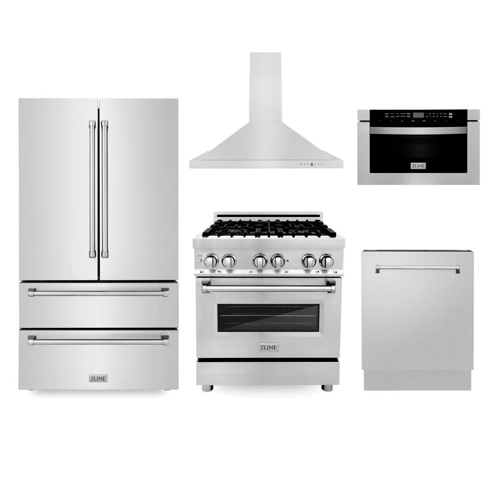 ZLINE Kitchen Package with Water and Ice Dispenser Refrigerator, 30" Gas Range, 30" Range Hood, Microwave Drawer, and 24" Tall Tub Dishwasher (5KPRW-RGRH30-MWDWV)