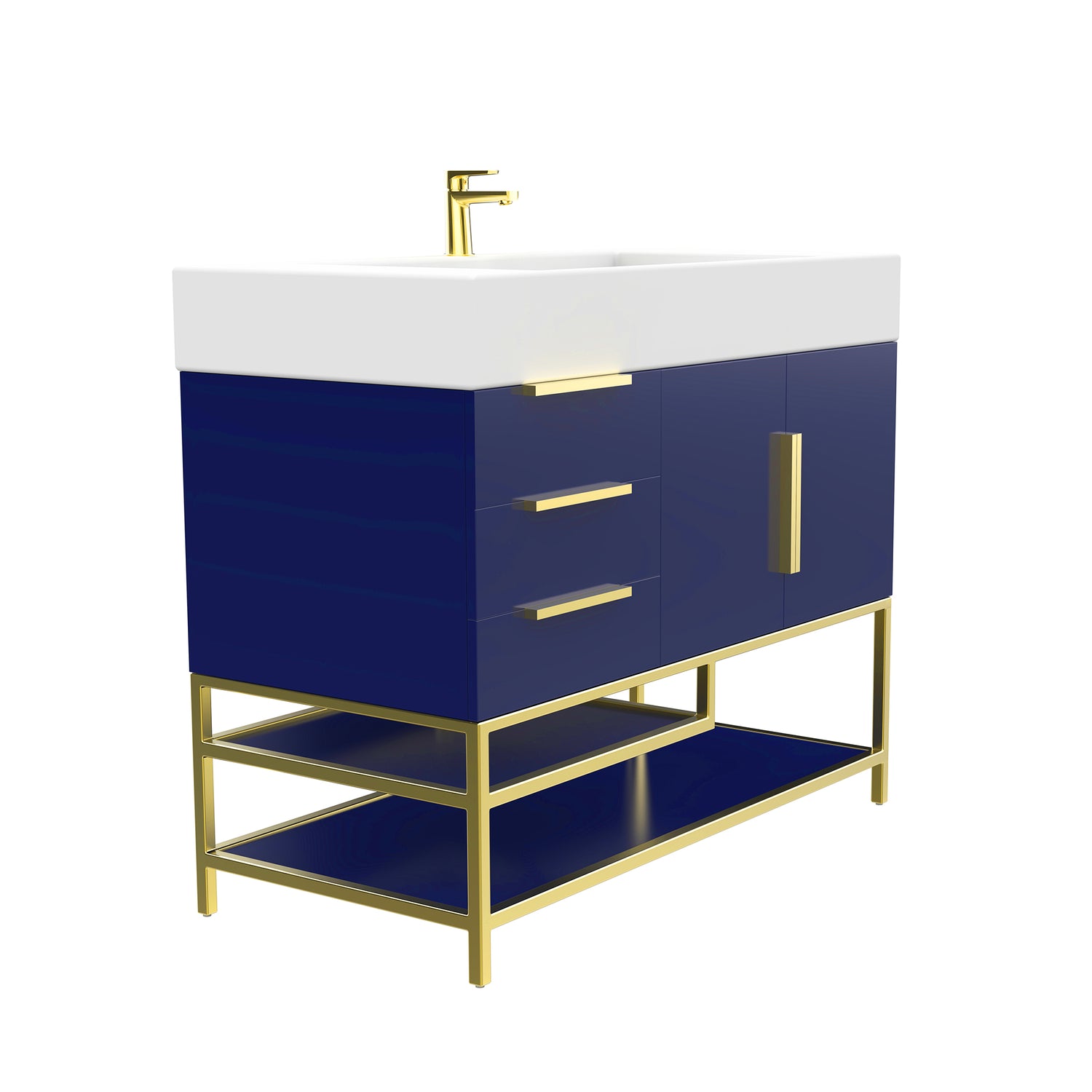 Blossom Freestanding Bathroom Vanity With Acrylic Sink, Drawers, Open Shelf Storage & Gold Hardware & Frame