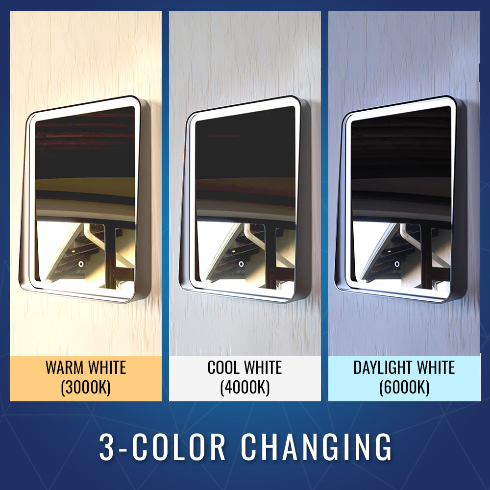 LED Lighted Bathroom Vanity Mirror With Shelf, Wall-Mounted, Touch Switch, Anti-Fog Adjustable Color Temperature & Remembrance, CRI 90+, Lighted Makeup Mirrors, Raven Style