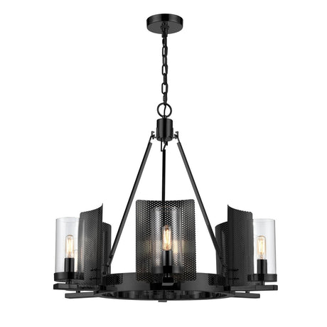 6 - Light Ring Chandelier Ceiling Light In Matte Black Finish with Clear Glass, E12 Base, Width 28" Height 22", 120V, Bulb Type B10, Socket type E12, Max wattage Per Socket 60W - BUILDMYPLACE