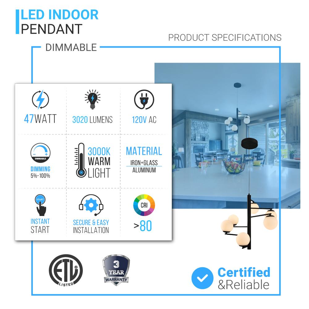 6 - Lights, Chandelier, 47W, 3000K, Matte Black Body Finish, Dimmable - BUILDMYPLACE