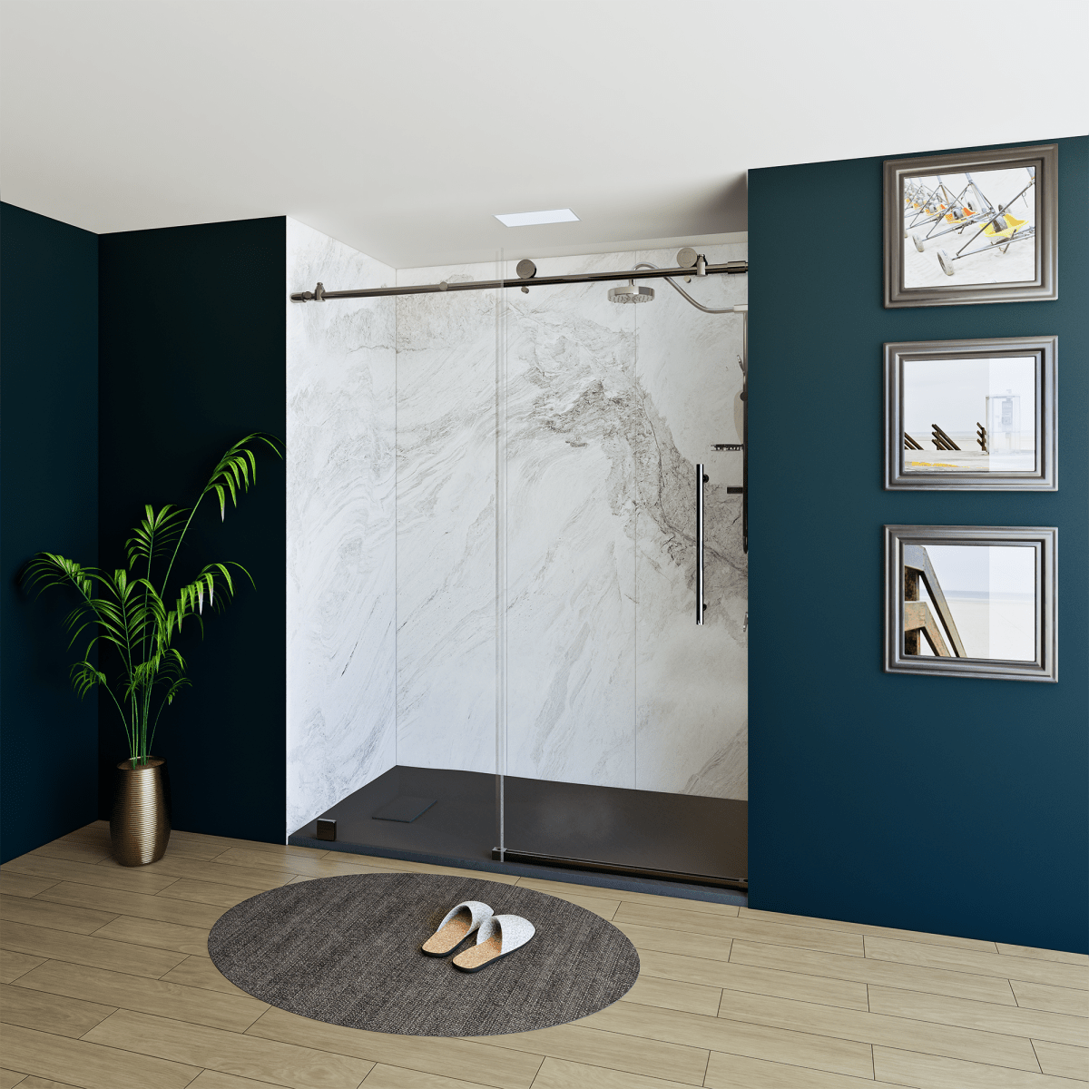 60 x 76 Inch Frameless Wall to Wall Shower Enclosure with One Fixed Glass & One Sliding Door, Clear Tempered Glass: 8mm, Brushed Grey Finish - PRO - BUILDMYPLACE