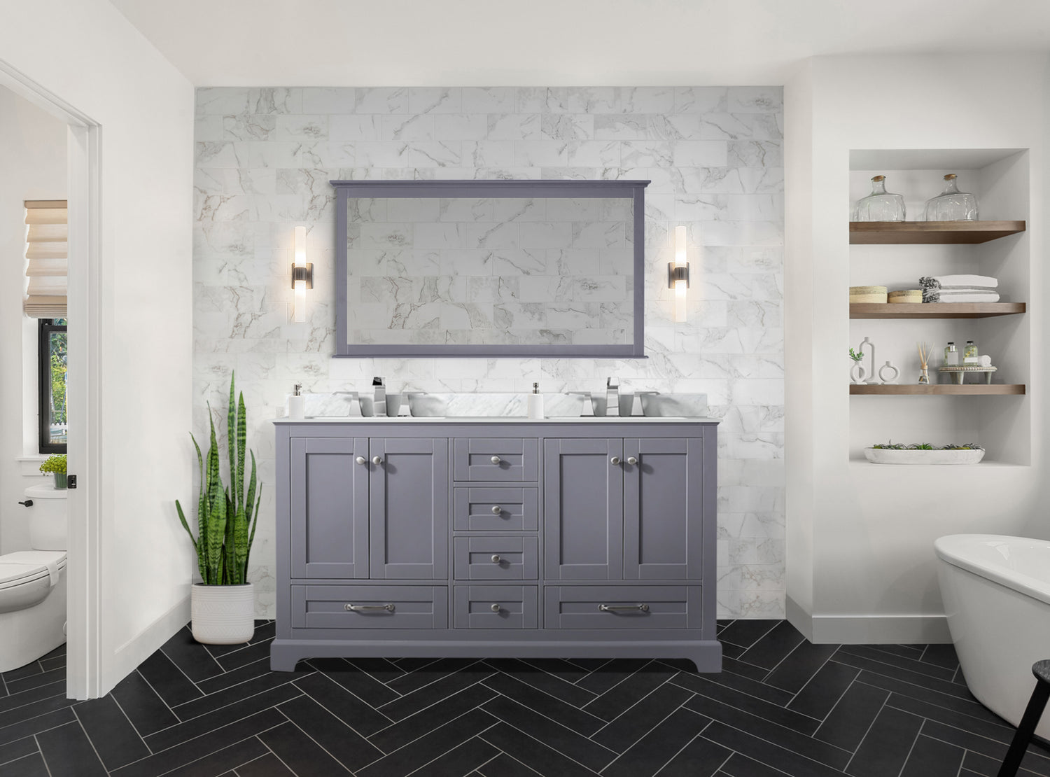 Dukes 60 in. Freestanding Bathroom Vanity with White Carrara Marble Top, White Square Sink