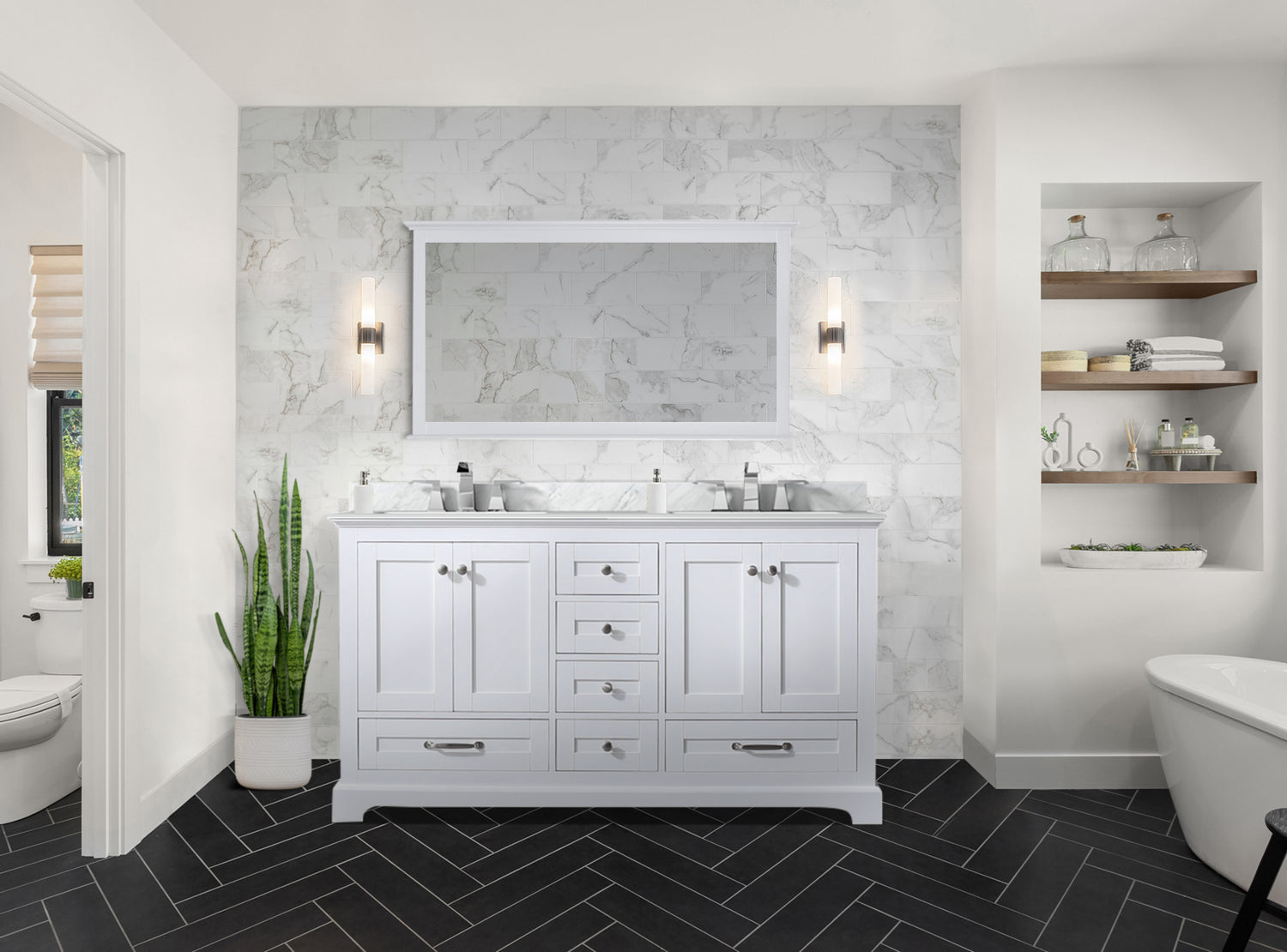 Dukes 60 in. Bathroom Freestanding Bathroom Vanity With Undermount Ceramic Sink with White Carrara Marble Top