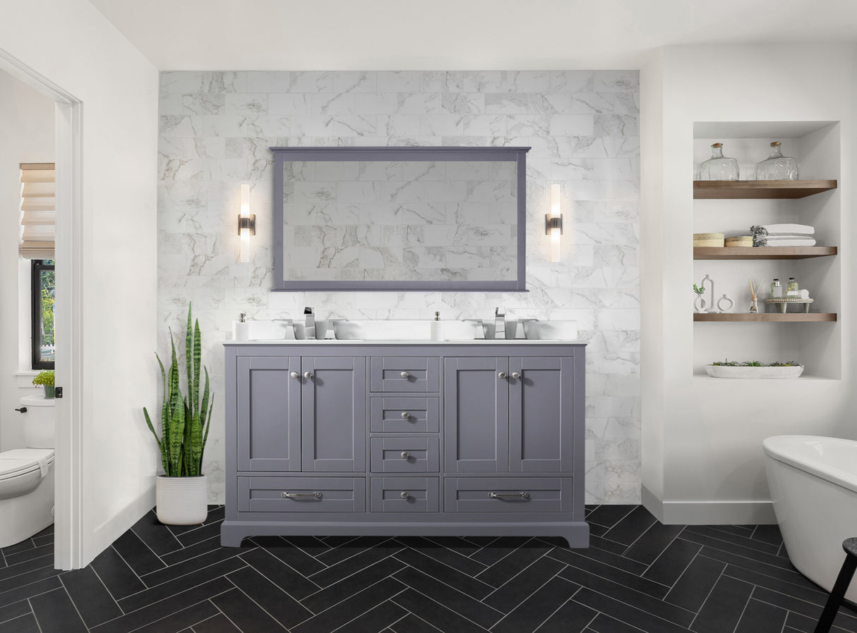 Dukes 60" Dark Grey Double Vanity, White Quartz Top, White Square Sinks and 58" Mirror w/ Faucets