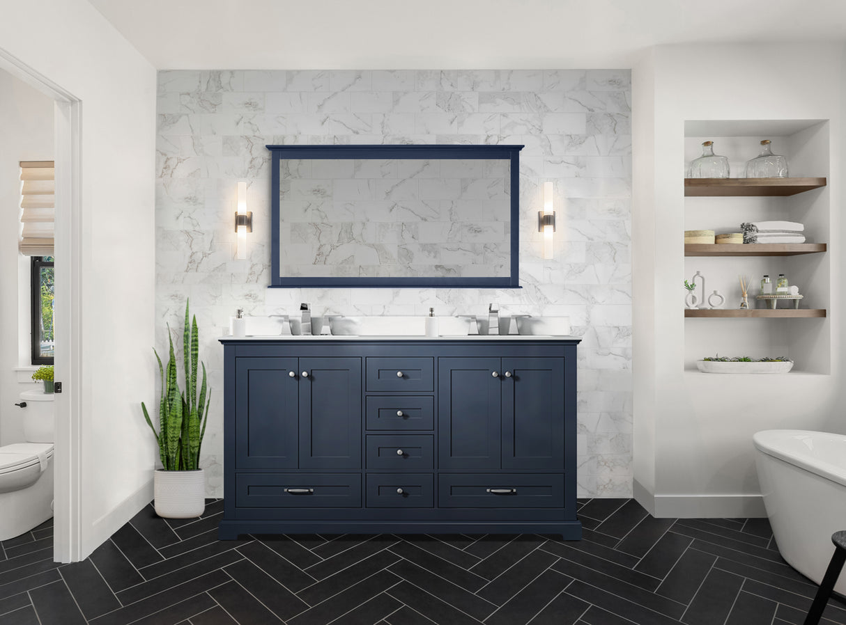 Dukes 60" Navy Blue Double Vanity, White Quartz Top, White Square Sinks and 58" Mirror
