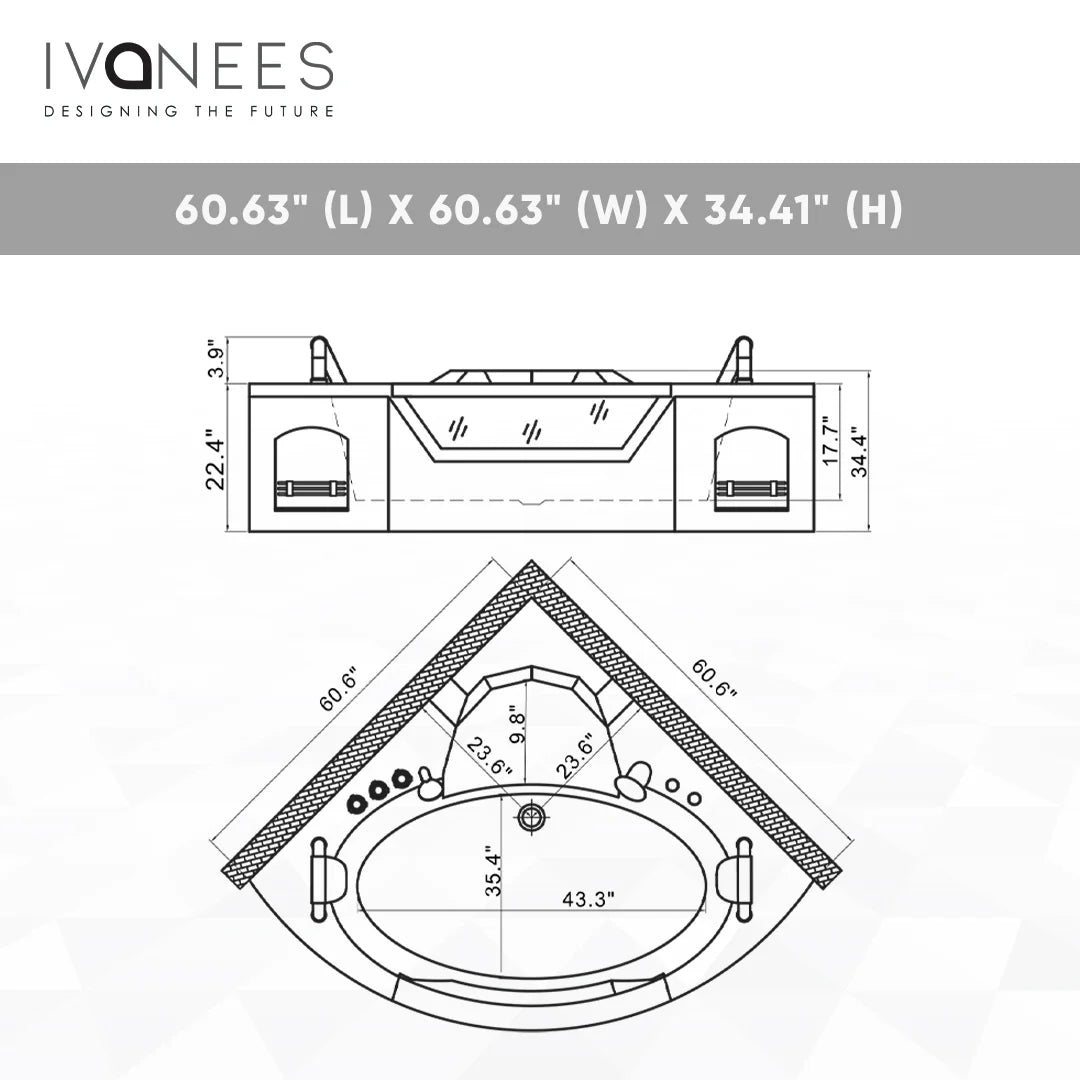 61" Acrylic Whirlpool Corner Bathtub with 2 Person Hot Spa And Center Drain - BUILDMYPLACE