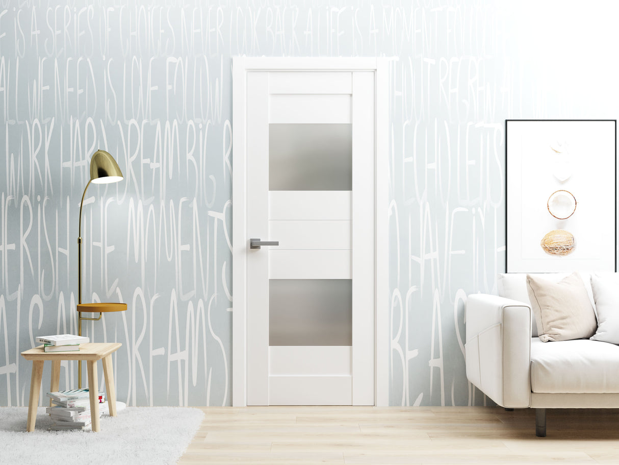 Solid French Door Opaque Glass 2 Lites / Sete 6222 White Silk / Single Regular Panel Frame Handle / Bathroom Bedroom Modern Doors