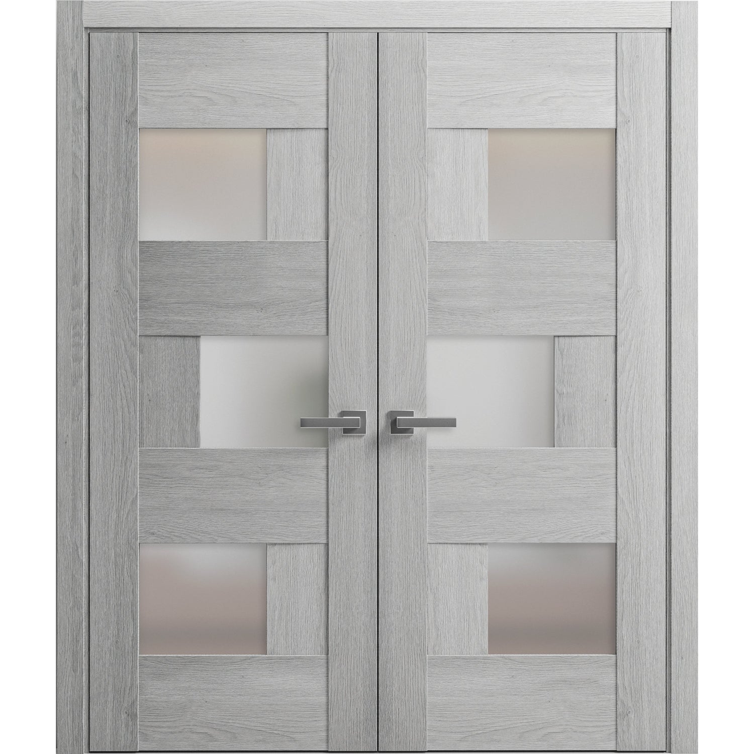 Solid French Double Doors Frosted Glass | Sete 6933 Light Grey Oak | Wood Solid Panel Frame Trims | Closet Bedroom Sturdy Doors