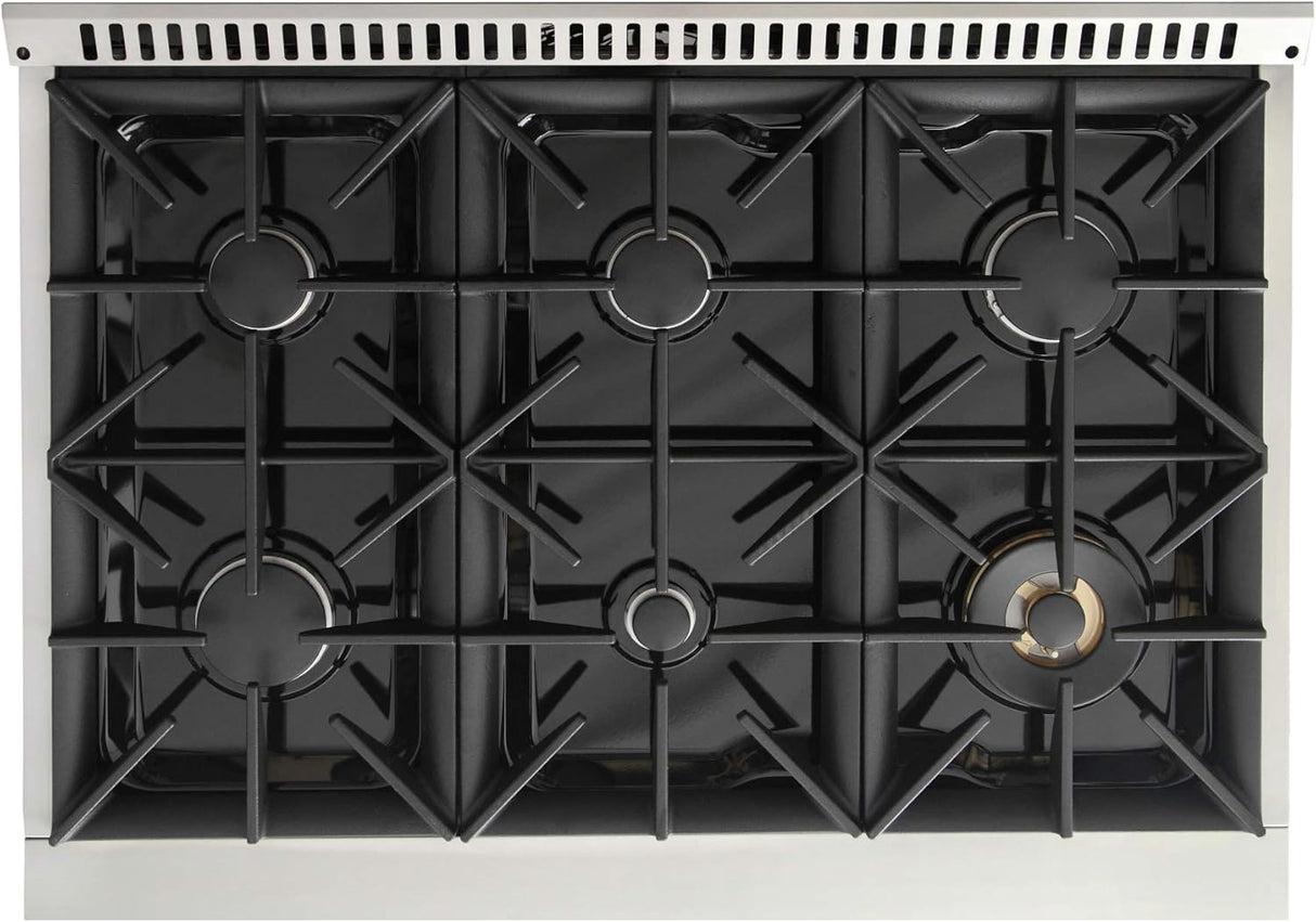 KUCHT Professional 36 in. 5.2 cu. ft. Dual Fuel Range for Propane Gas with Sealed Burners and Convection Oven in Stainless Steel with Gold Handle, Rings and Knobs.