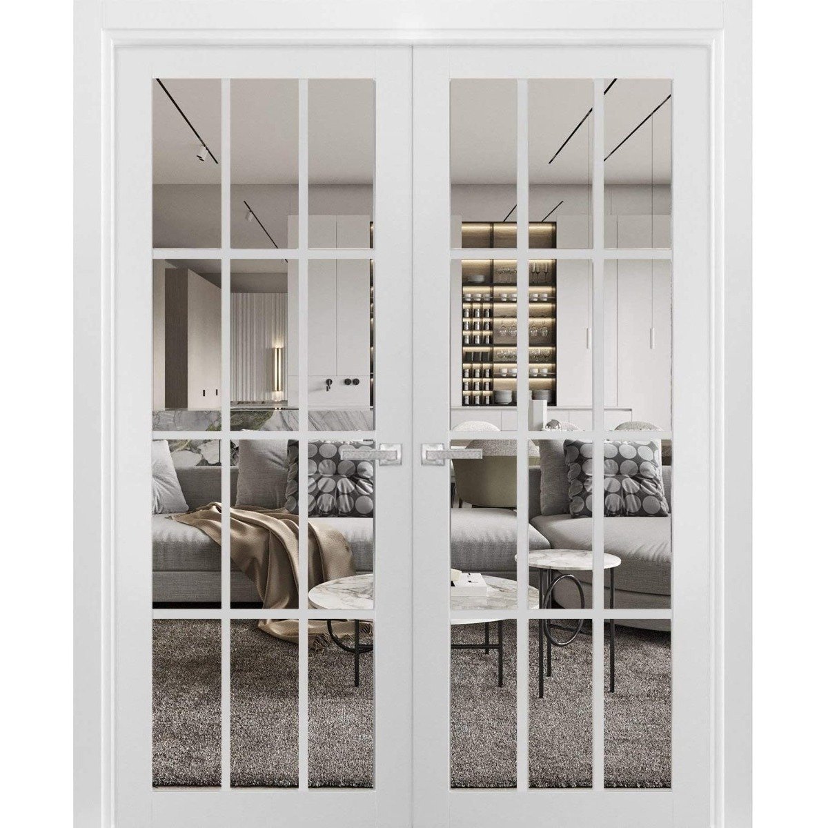 Solid French Double Clear Glass Doors 12 Lites | Felicia 3355 White Silk | Single Regural Panel Frame Trims | Bathroom Bedroom Sturdy Doors