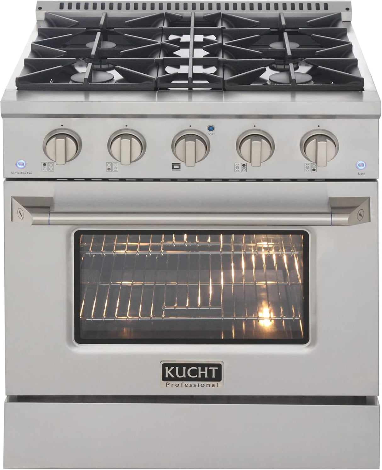 KUCHT Professional 30 in. 4.2 cu. ft. Dual Fuel Range for Propane Gas with Sealed Burners and Convection Oven in Stainless Steel with Gold Handle, Rings and Knobs.
