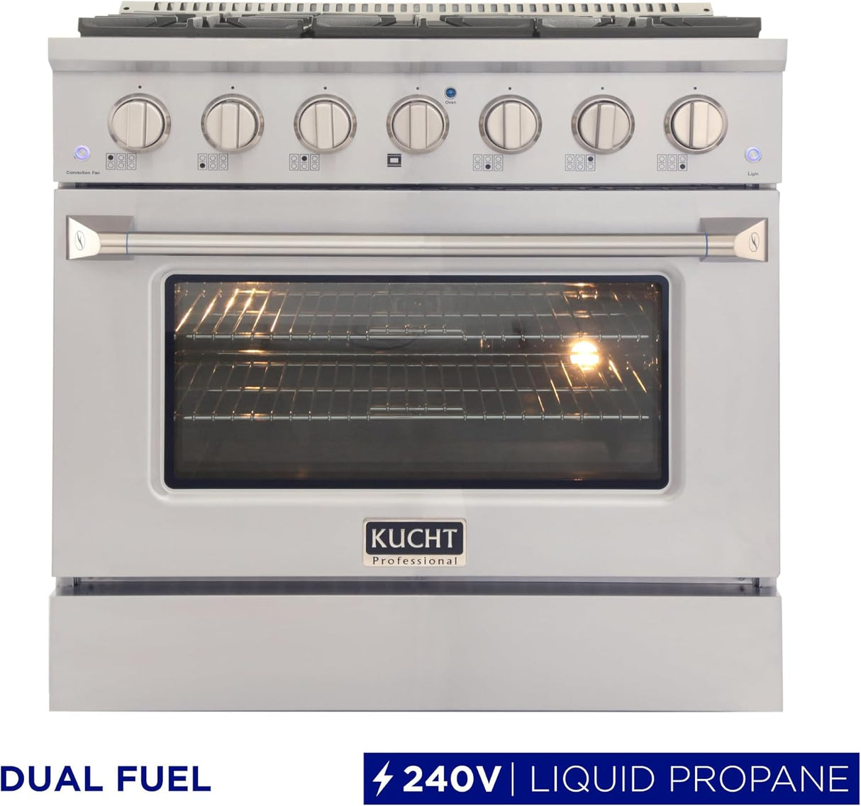 KUCHT Professional 36 in. 5.2 cu. ft. Dual Fuel Range for Propane Gas with Sealed Burners and Convection Oven in Stainless Steel with Gold Handle, Rings and Knobs.