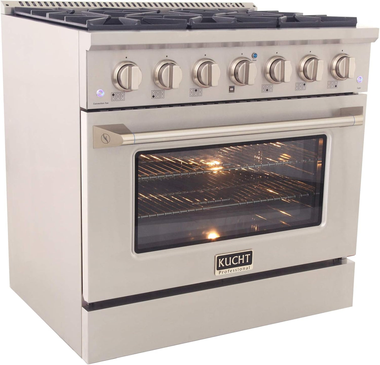 KUCHT Professional 36 in. 5.2 cu. ft. Dual Fuel Range for Natural Gas with Sealed Burners and Convection Oven in Stainless Steel with Gold Handle, Rings and Knobs.