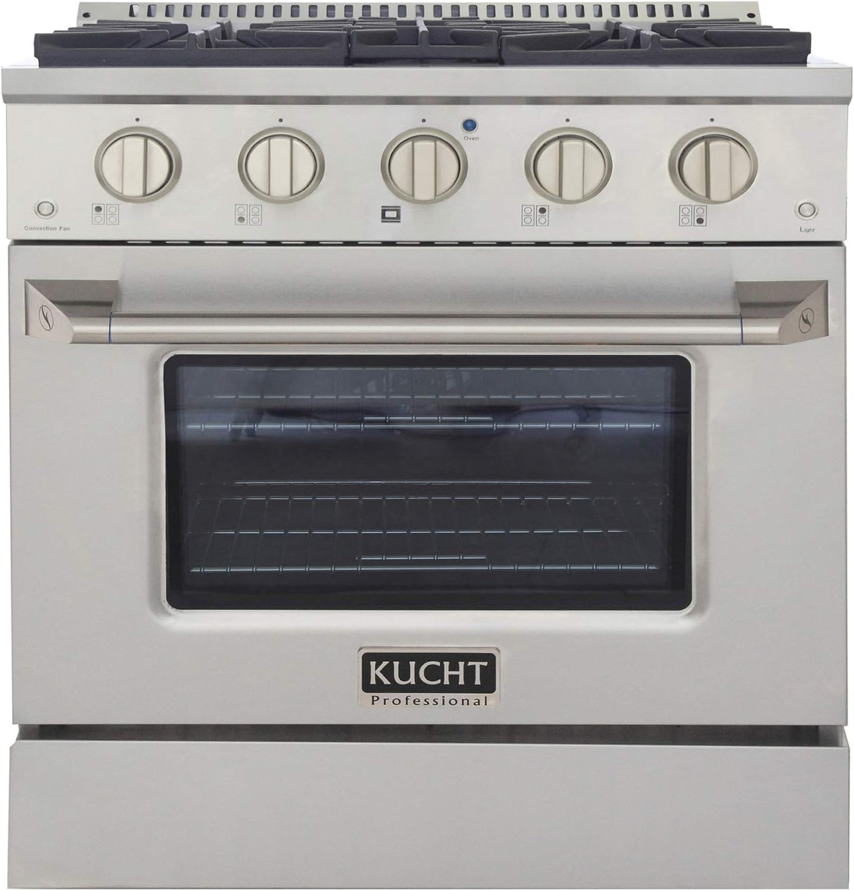 KUCHT Professional 30 in. 4.2 cu. ft. Dual Fuel Range for Propane Gas with Sealed Burners and Convection Oven in Stainless Steel with Gold Handle, Rings and Knobs.