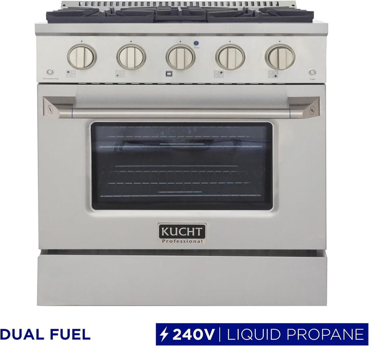 KUCHT Professional 30 in. 4.2 cu. ft. Dual Fuel Range for Propane Gas with Sealed Burners and Convection Oven in Stainless Steel with Gold Handle, Rings and Knobs.