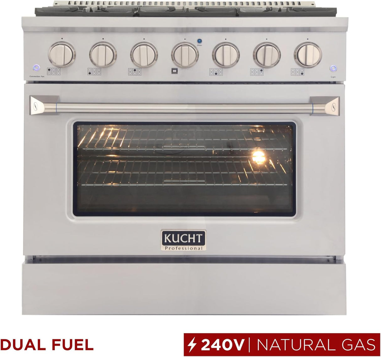 KUCHT Professional 36 in. 5.2 cu. ft. Dual Fuel Range for Natural Gas with Sealed Burners and Convection Oven in Stainless Steel with Gold Handle, Rings and Knobs.