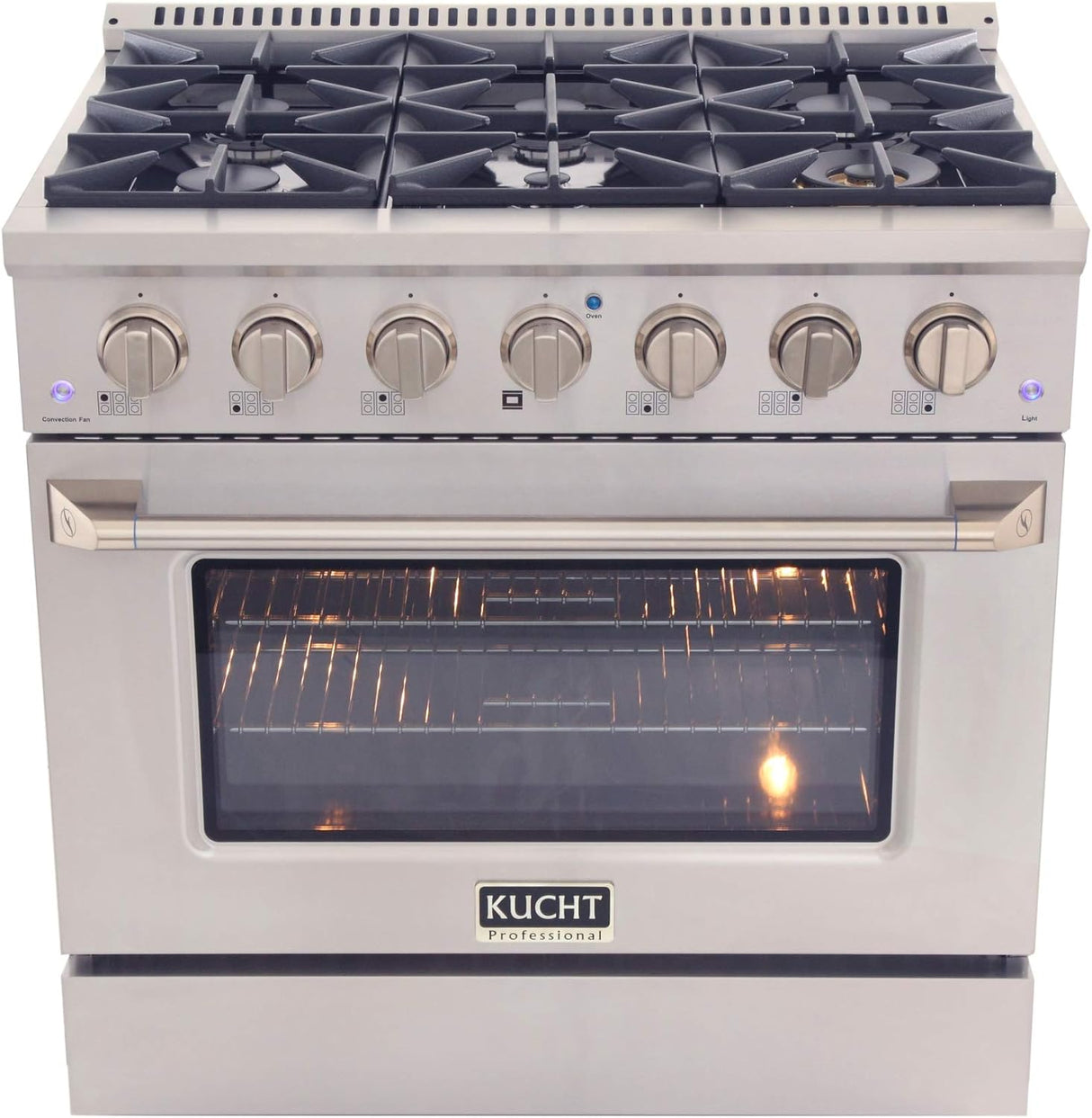 KUCHT Professional 36 in. 5.2 cu. ft. Dual Fuel Range for Natural Gas with Sealed Burners and Convection Oven in Stainless Steel with Gold Handle, Rings and Knobs.