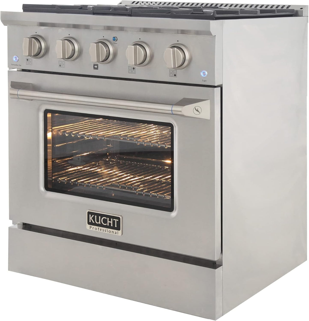 KUCHT Professional 30 in. 4.2 cu. ft. Dual Fuel Range for Propane Gas with Sealed Burners and Convection Oven in Stainless Steel with Gold Handle, Rings and Knobs.