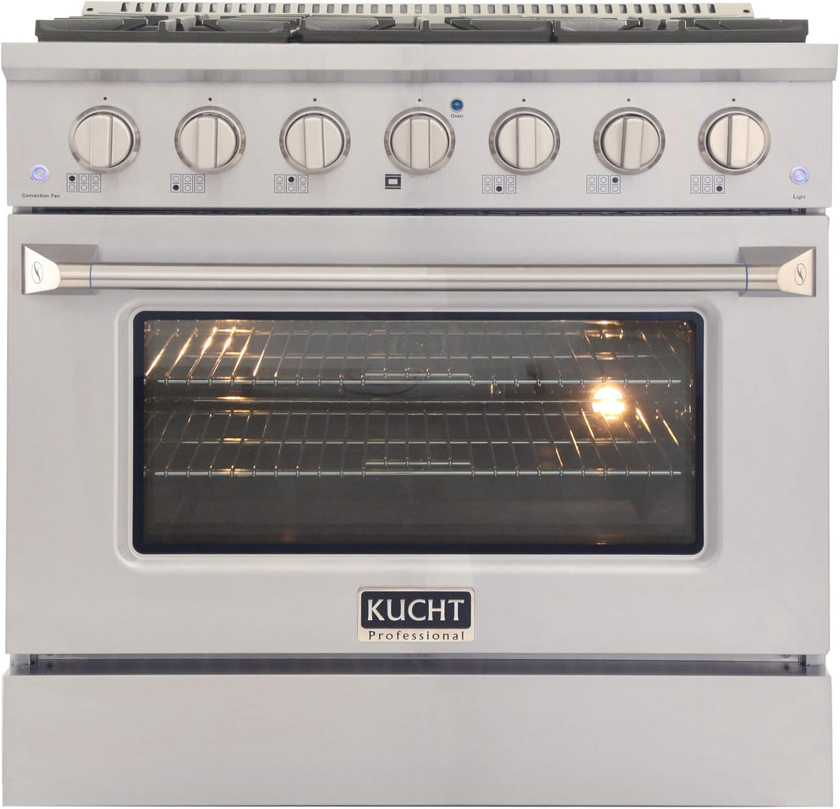 KUCHT Professional 36 in. 5.2 cu. ft. Dual Fuel Range for Natural Gas with Sealed Burners and Convection Oven in Stainless Steel with Gold Handle, Rings and Knobs.