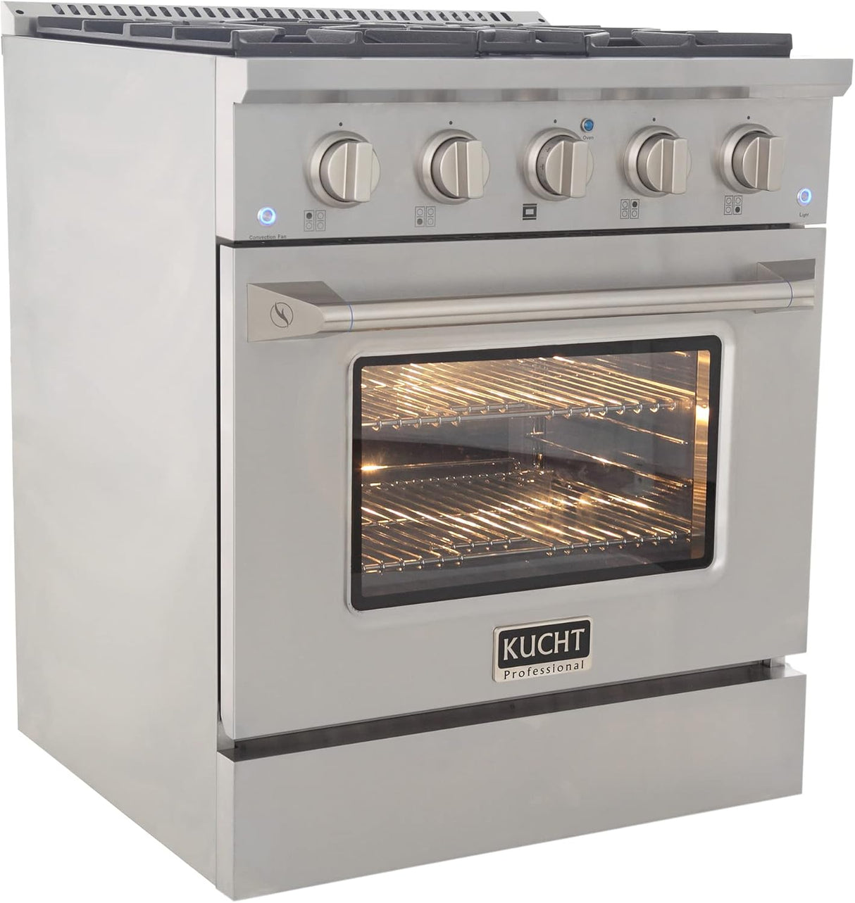 KUCHT Professional 30 in. 4.2 cu. ft. Dual Fuel Range for Propane Gas with Sealed Burners and Convection Oven in Stainless Steel with Gold Handle, Rings and Knobs.