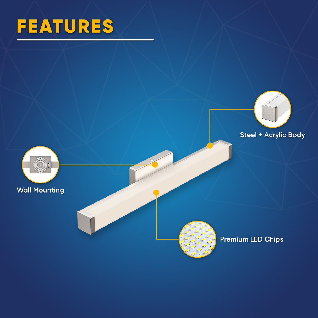 Bathroom Light Fixtures, Wall Mount, 24 inch/36 inch/48 inch, ETL Listed, Dimmable, Waterproof Vanity Lighting, Rectangle Shape