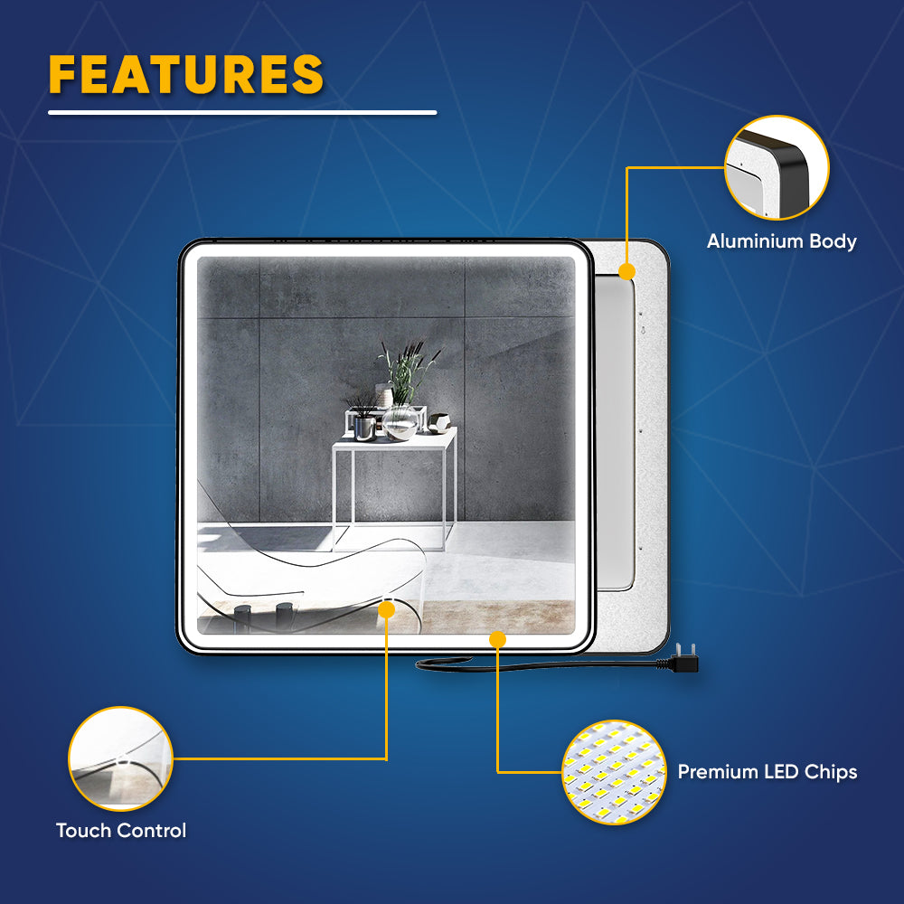 LED Lighted Bathroom Vanity Mirror With Shelf, Wall-Mounted, Touch Switch, Anti-Fog Adjustable Color Temperature & Remembrance, CRI 90+, Lighted Makeup Mirrors, Raven Style