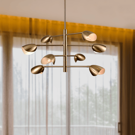8 - Light Chandelier Ceiling Light, Curved Disk Shades, Brass Finish Hardware, Width 33.5" Height 18.5", 120V, Bulb Type B10, Socket type E12, Max wattage Per Socket 60W - BUILDMYPLACE