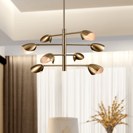 8 - Light Chandelier Ceiling Light, Curved Disk Shades, Brass Finish Hardware, Width 33.5" Height 18.5", 120V, Bulb Type B10, Socket type E12, Max wattage Per Socket 60W - BUILDMYPLACE