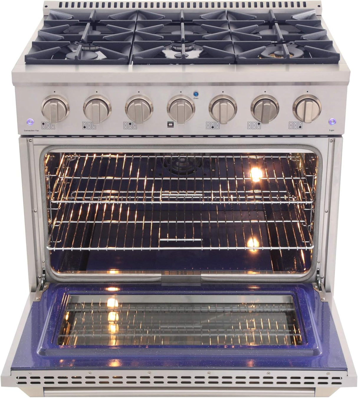 KUCHT Professional 36 in. 5.2 cu. ft. Dual Fuel Range for Natural Gas with Sealed Burners and Convection Oven in Stainless Steel with Gold Handle, Rings and Knobs.