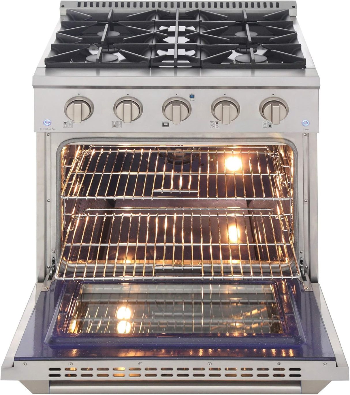 KUCHT Professional 30 in. 4.2 cu. ft. Dual Fuel Range for Propane Gas with Sealed Burners and Convection Oven in Stainless Steel with Gold Handle, Rings and Knobs.