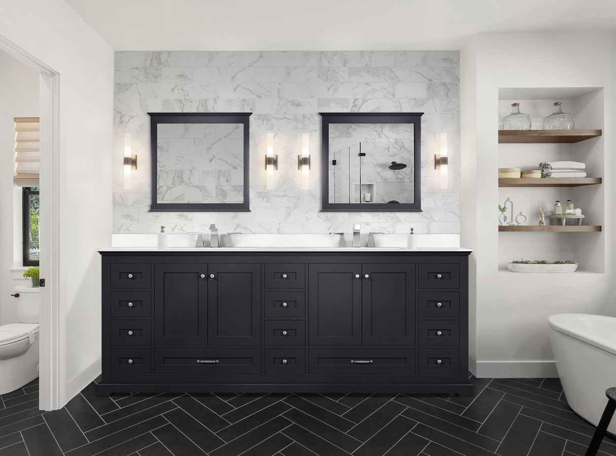 Dukes 84" Espresso Double Vanity, White Quartz Top, White Square Sinks and 34" Mirrors
