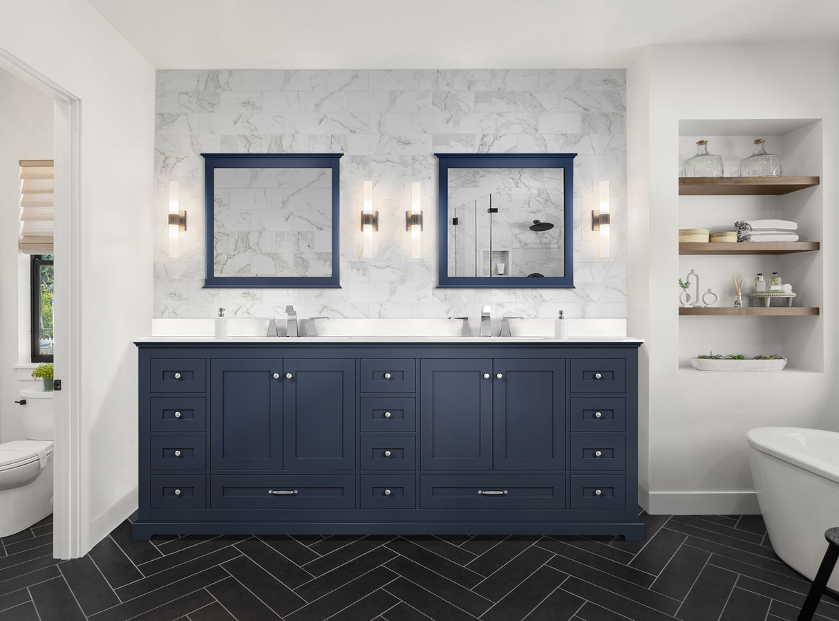 Dukes 84" Navy Blue Double Vanity, White Quartz Top, White Square Sinks and 34" Mirrors