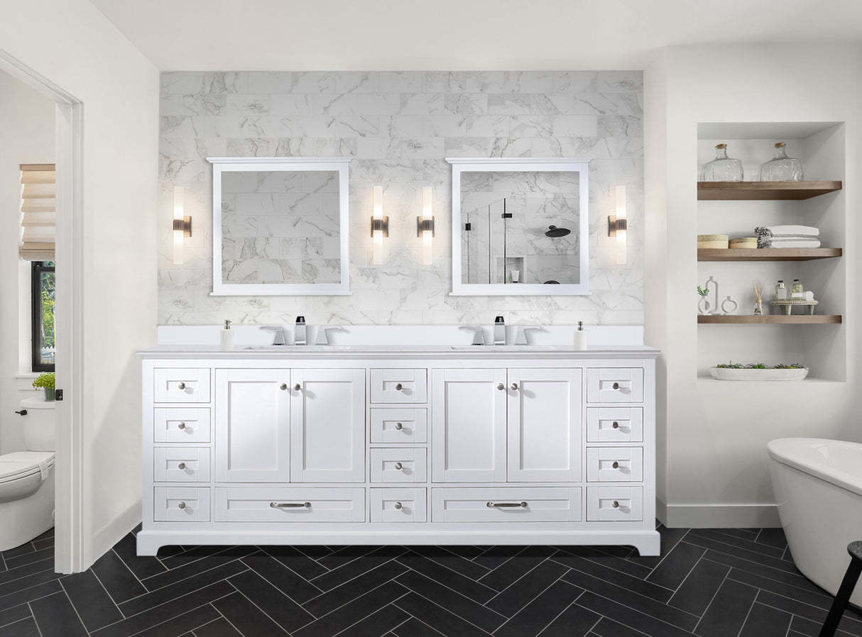 Dukes 84" White Double Vanity, White Quartz Top, White Square Sinks and 34" Mirrors