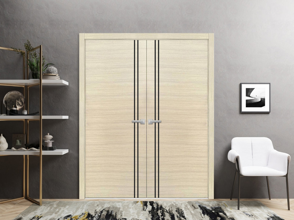 Planum Solid French Double Doors | Planum 0016 Natural Veneer | Wood Solid Panel Frame Trims | Closet Bedroom Sturdy Doors