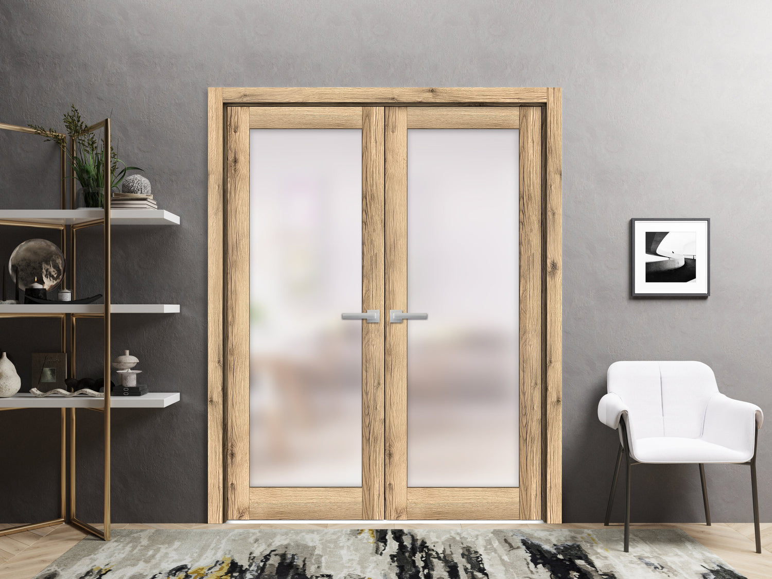 Solid French Double Doors | Planum 2102 Oak with Frosted Glass | Wood Solid Panel Frame Trims | Closet Bedroom Sturdy Doors