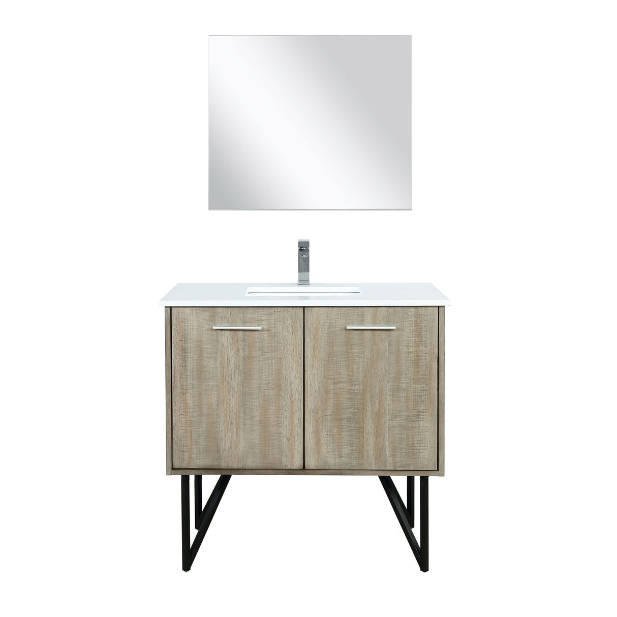 Lancy 36" Rustic Acacia Bathroom Vanity, White Quartz Top, White Square Sink, Monte Chrome Faucet Set, and 28" Frameless Mirror