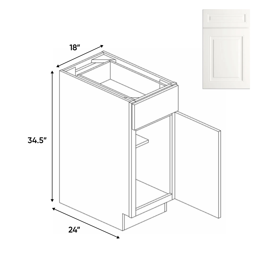 Atlas Blanco - 18 Inch Full Height Single Door Base Cabinet - 18" Width x 34.5" Height x 24" Depth