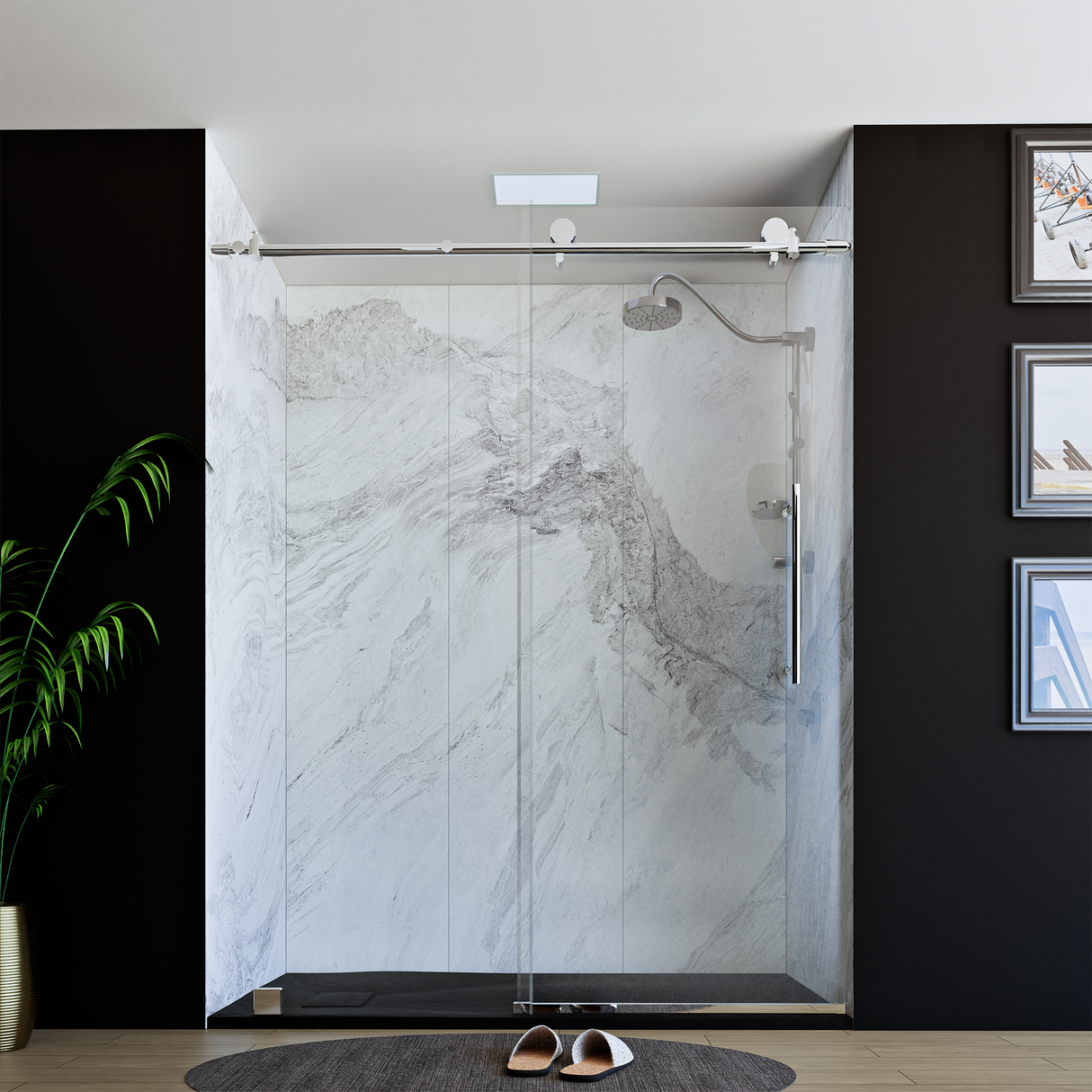 60" x 76" Frameless Shower Door with Chrome - Solid Surface Shower Base Tray - Shower Kit with covered drain - and 5pc Shower Wall System