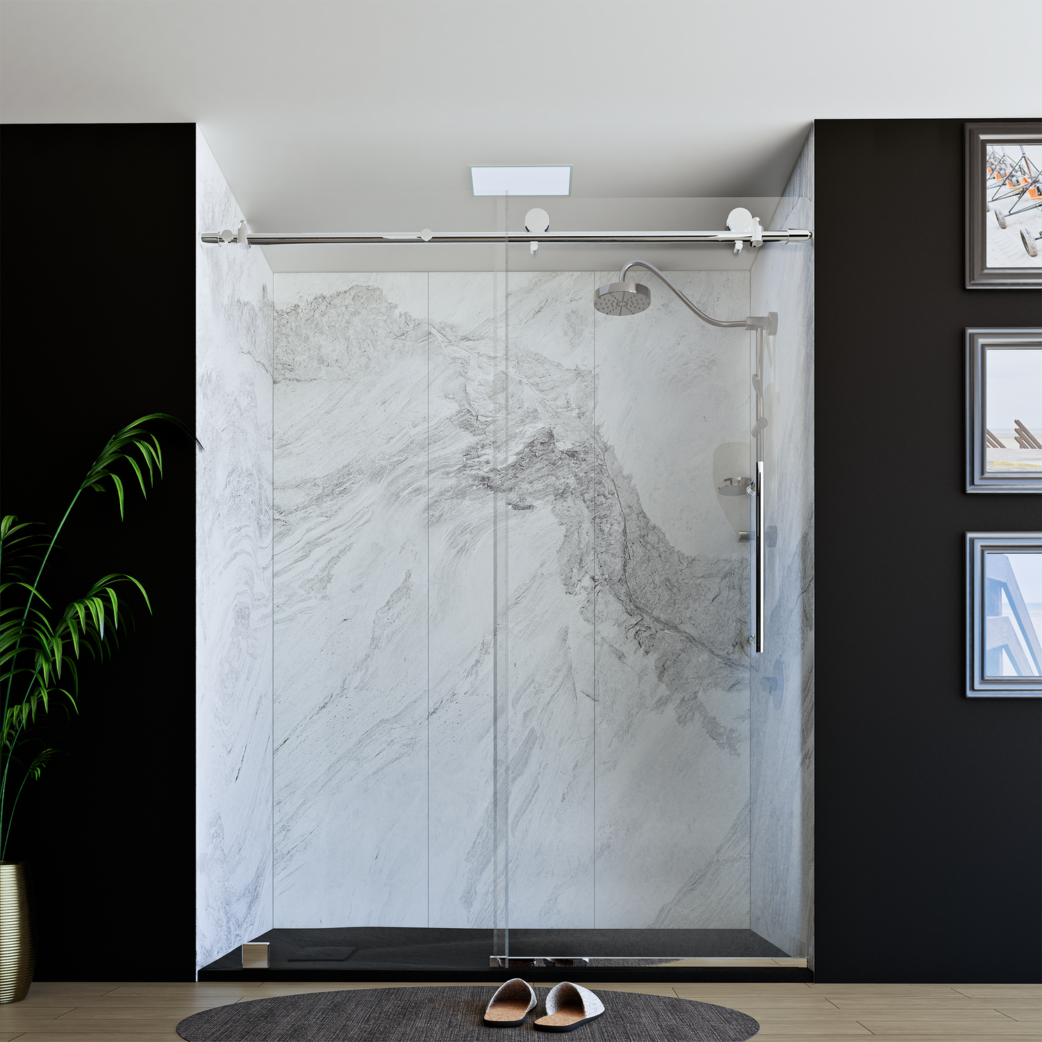 60" x 76" Frameless Shower Door with Chrome - Solid Surface Shower Base Tray - Shower Kit with covered drain - and 5pc Shower Wall System
